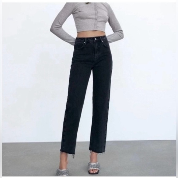 Zara Denim - Zara Black Button Fly Raw Hem Straight Leg Jeans Size 2